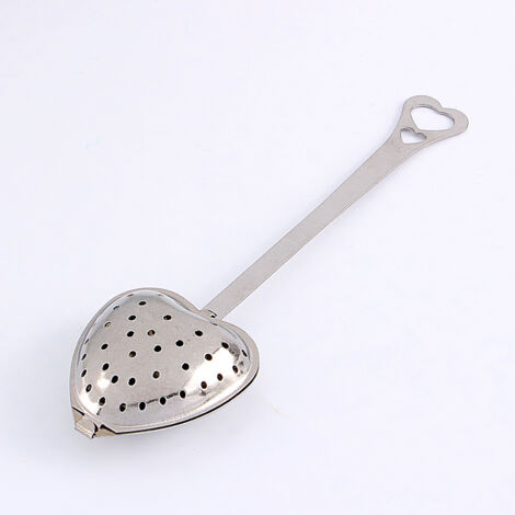 Infuseur à thé en acier inoxydable, forme cœur, avec cuillère et passoire, design original et pratique.