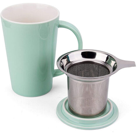 Infuseur à Thé en Porcelaine - Tasse 450 ml avec Filtre Intégré pour Thé en Vrac - Micro-ondes et Lave-vaisselle Acceptés - Vert Clair - 1 Pièce