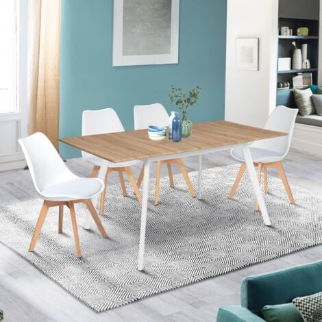 INGA Mesa extensible escandinava, 4-8 personas, tablero de madera, patas blancas 120-160 cm