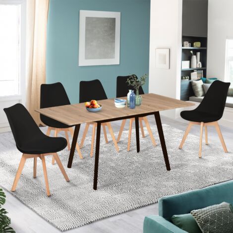 INGA Mesa extensible escandinava, 4-8 personas, tablero de madera, patas negras 120-160 cm