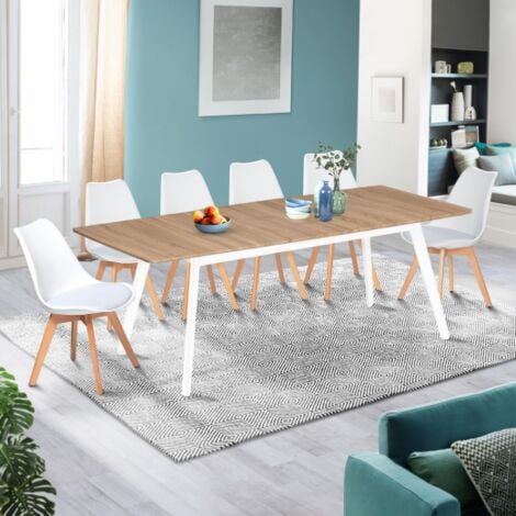 IDMARKET INGA Mesa extensible escandinava, 6-8 personas, tablero de madera, patas blancas 160-200 cm