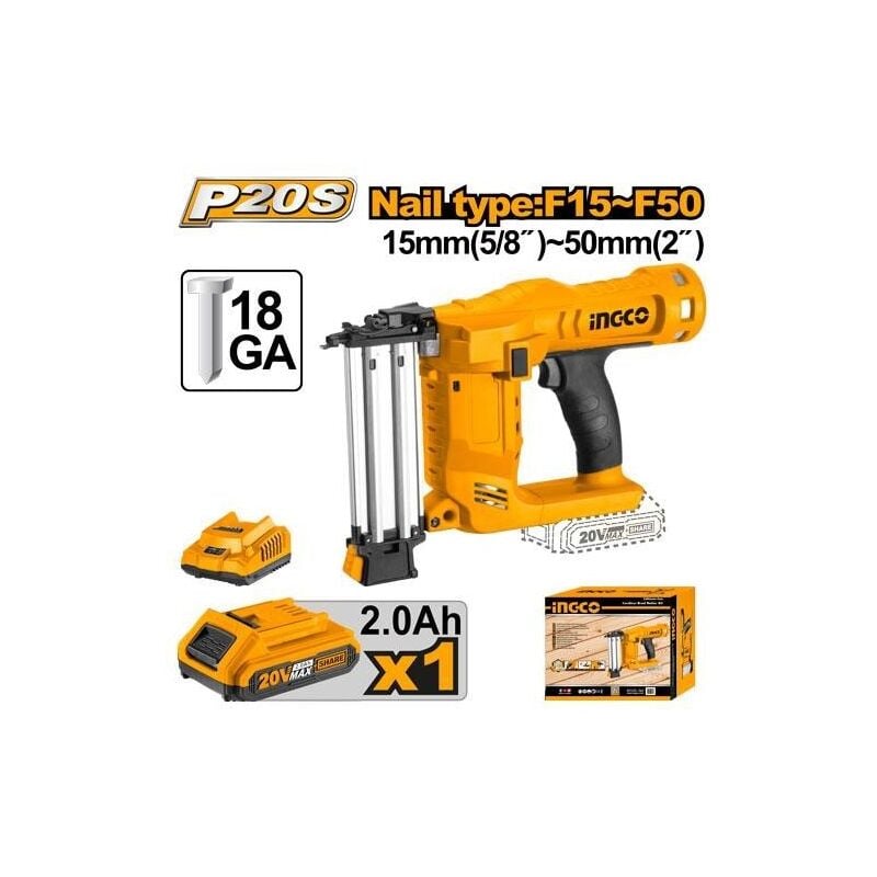 INGCO CLAVADORA 20V.1 BATERIA 2.0Ah.+CARGADOR CLAVO 18 15-50 mm CBNLI2016