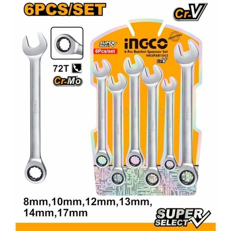 Ingco HKSPAR1062 Set chiavi fisse e a cricchetto Combinate 6 pezzi 8 17 mm acciaio