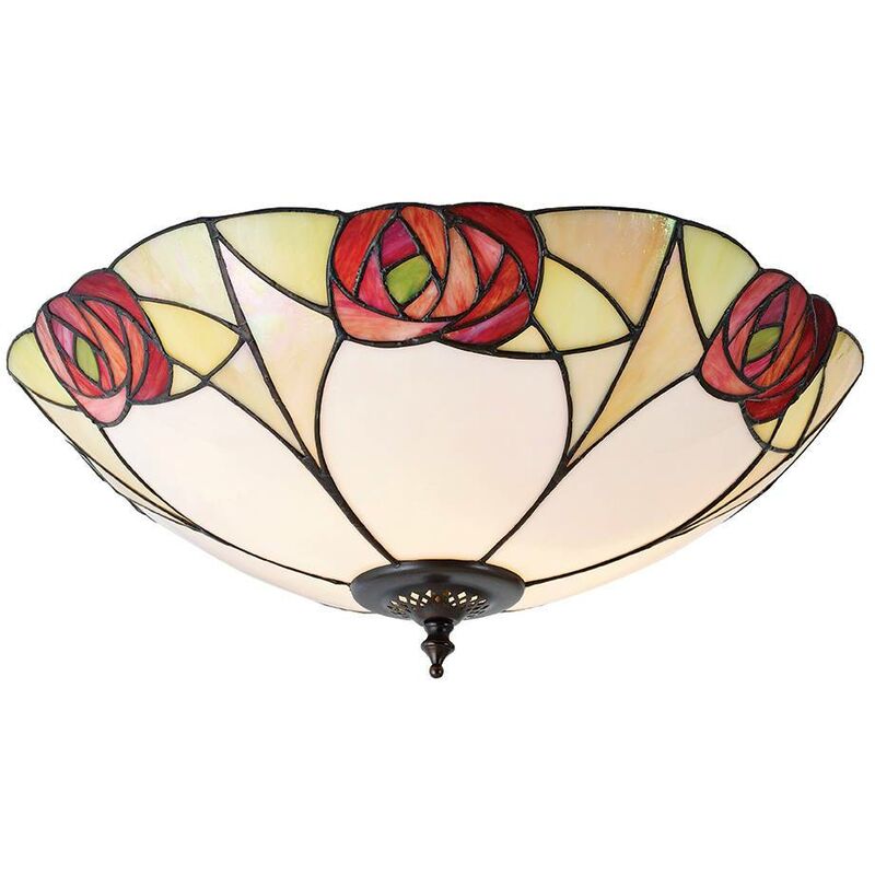 Interiors Ingram - 2 Light Large Ceiling Flush Light Dark Bronze, Tiffany Glass, E27