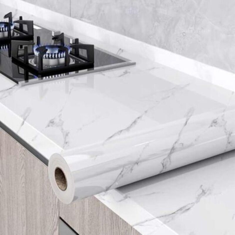 INHHUB Papier Peint Film Rouleau Adhesif pour Meuble Cuisine Mural, Papier Autocollant pour Meuble Armoires Imperméable, Décoratif Revêtement Blanc