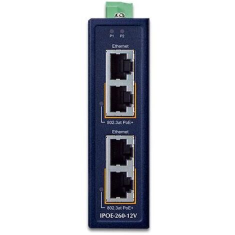 Iniettore PoE+ Planet Industrial a 2 porte 10/100/1000T 802.3at con amplificatore da 12 V, IPOE-260-12V
