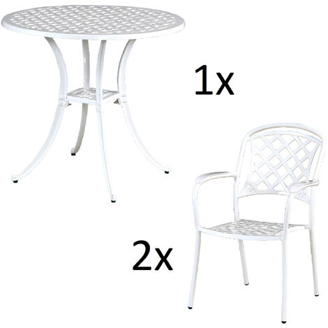 Inko 3-teilige Sitzgruppe Aluminium Guss weiß Tisch Ø 80 cm mit 2 Sesseln Tisch Ø80 cm mit 2x Sessel Capri