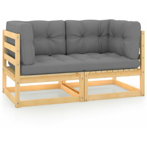 INLIFE Canapé 2 places de jardin avec coussins Bois de pin solide - Gris