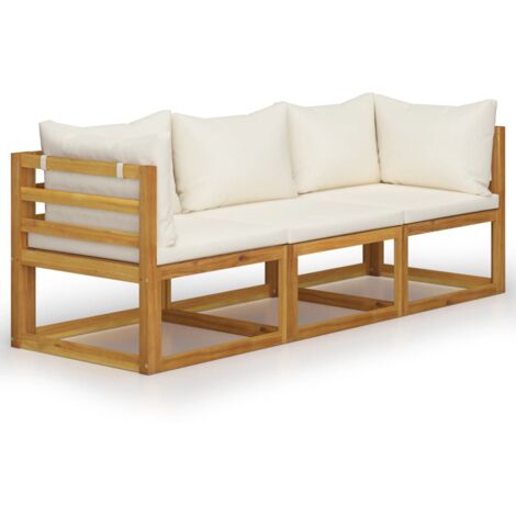 INLIFE Canapé de jardin à 3 places avec coussin Crème Bois d'acacia