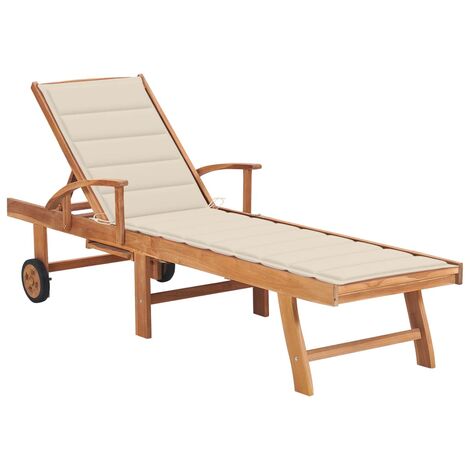 INLIFE Chaise longue avec coussin crème Bois de teck solide