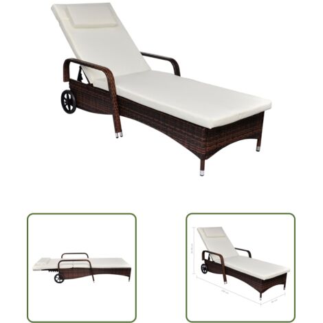 INLIFE Chaise longue avec coussin et roues Résine tressée Marron