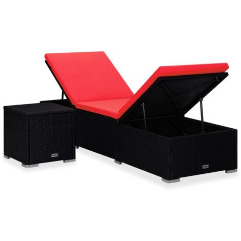 INLIFE Chaise longue avec coussin et table à thé Résine tressée Rouge