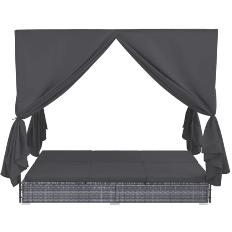 INLIFE Chaise longue d'extérieur avec rideaux Résine tressée Gris