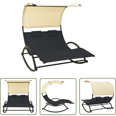 INLIFE Chaise longue double avec auvent Textilène Noir et crème