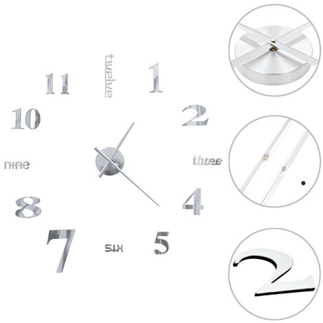 INLIFE Horloge murale 3D Design moderne 100 cm XXL Argenté