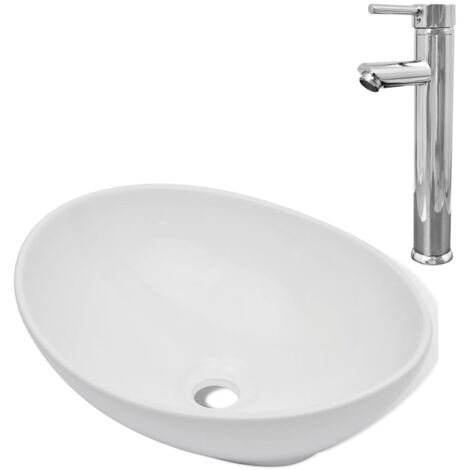 INLIFE Lavabo de salle de bain avec mitigeur Céramique Ovale Blanc