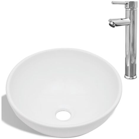 INLIFE Lavabo de salle de bain avec mitigeur Céramique Rond Blanc