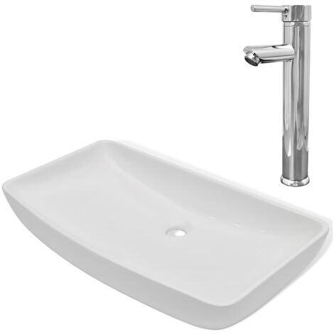 INLIFE Lavabo et mitigeur Céramique Rectangulaire Blanc