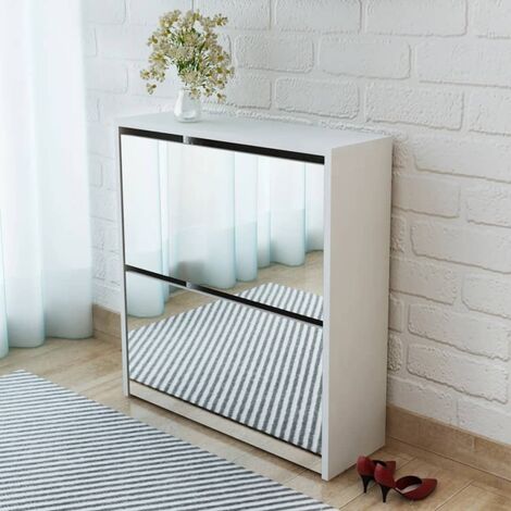 INLIFE Meuble à chaussures 2 étages avec miroir 63 x 17 x 67 cm Blanc
