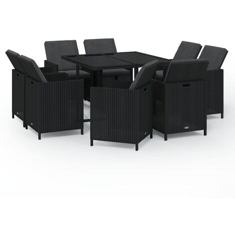 INLIFE Mobilier à dîner de jardin et coussins 9pcs Résine tressée Noir