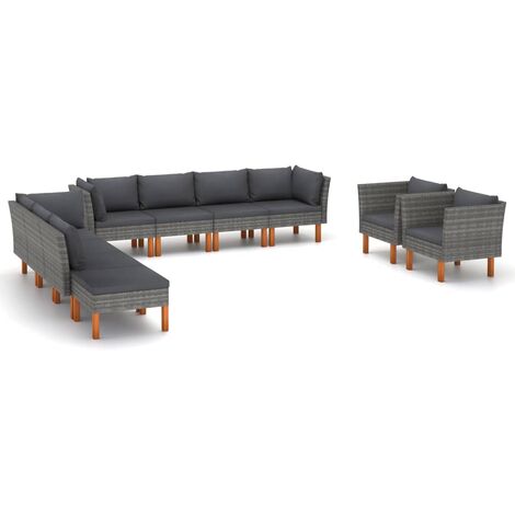 INLIFE Salon de jardin 10 pcs Résine tressée et bois d'eucalyptus Gris