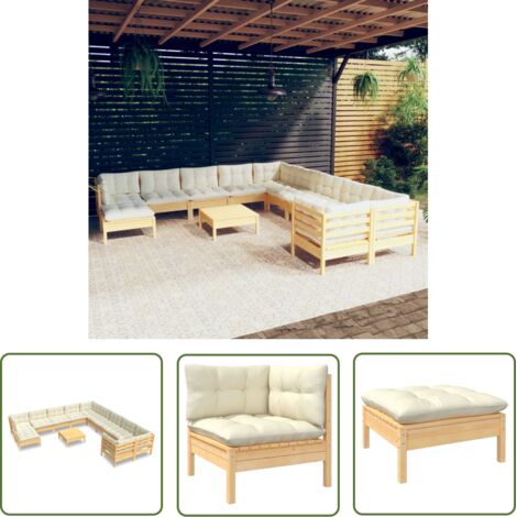 INLIFE Salon de jardin 12 pcs avec coussins crème Bois de pin