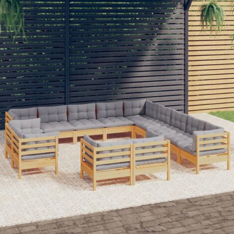INLIFE Salon de jardin 13 pcs avec coussins gris Bois de pin solide