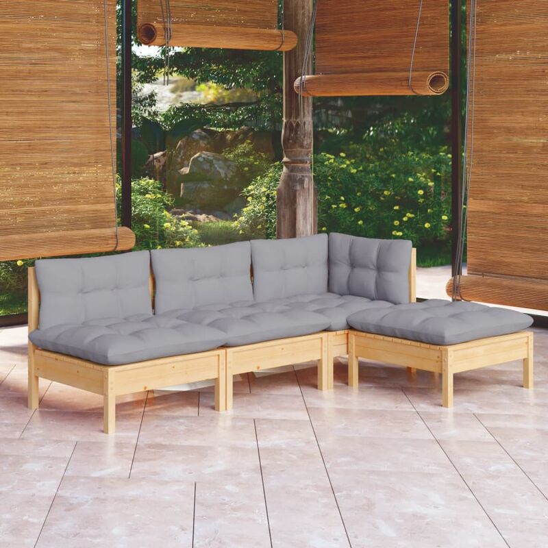 Salon de jardin 4 pcs avec coussins gris Bois de pin - Inlife