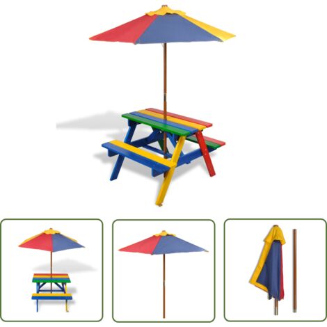INLIFE Table et bancs de pique-nique avec parasol pour enfants Bois