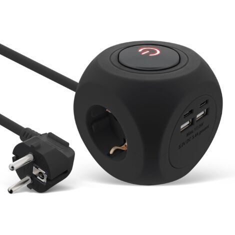 InLine Ciabatta 7 in 1 with 2 USB-C and 2 USB-A, Presa Multipla 3 Contatti, Cubo di Ricarica, con Interruttore, Cavo da 2 m, 3680 W, Nero, 16499B