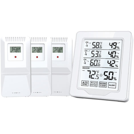 Innen-/Außenthermometer und Hygrometer, Reichweite 150 m (500 ft), mit 3 Fernsensoren und weißer Hintergrundbeleuchtung.