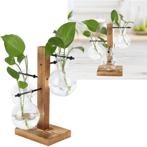 Innovador jarrón hidropónico de vidrio de borosilicato con soporte de madera natural, 4 botellas transparentes para decoración de oficina y hogar.