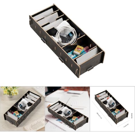 Innovative Büroaufbewahrungsbox mit abnehmbarem Visitenkartenhalter aus schwarzem Holz, 28,5 x 11 x 6 cm