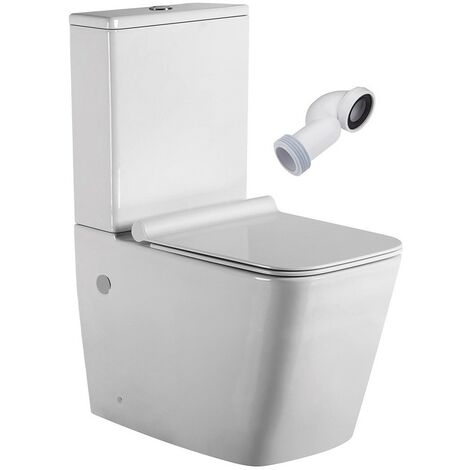 Inodoro Completo Cuadrado  Blanco Brillo  Inodoro Tanque Bajo con Cisterna  Adosado a Pared  Codo Incluido