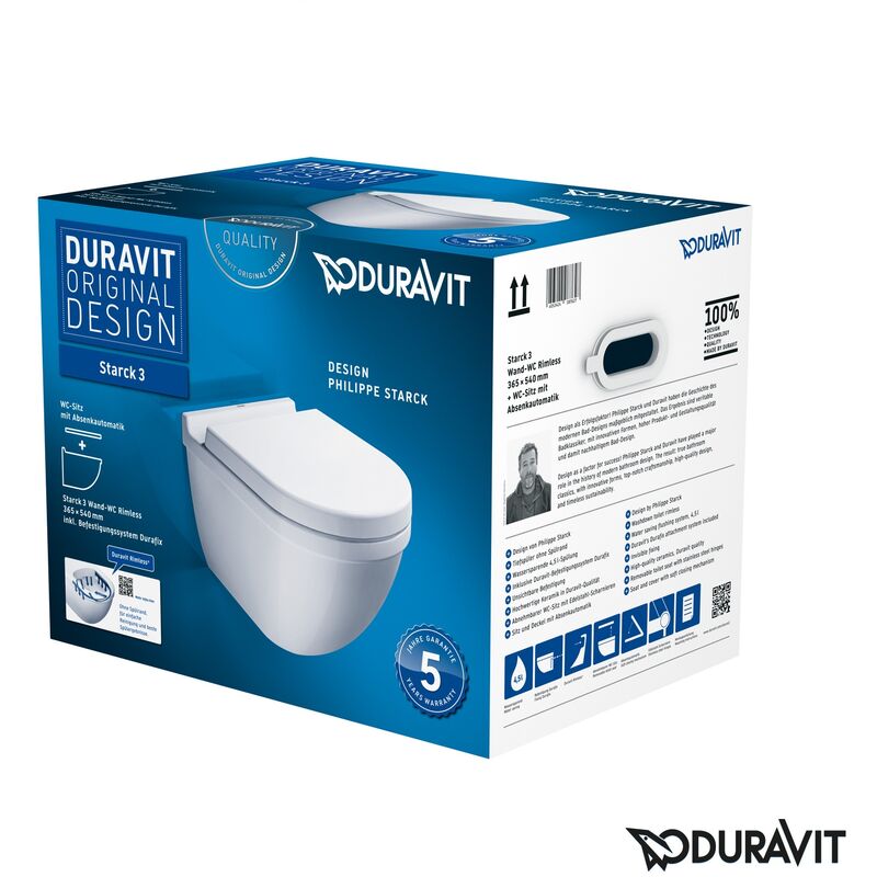 

Duravit Starck 3 SET WC de pared sin borde (sin borde a ras) incl. asiento WC con mecanismo de cierre suave, blanco, color: Blanco - 45270900A1