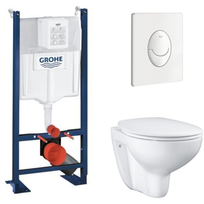 Grohe - Pack Inodoro suspendido sin borde Bau Ceramic + asiento + placa blanca + estructura