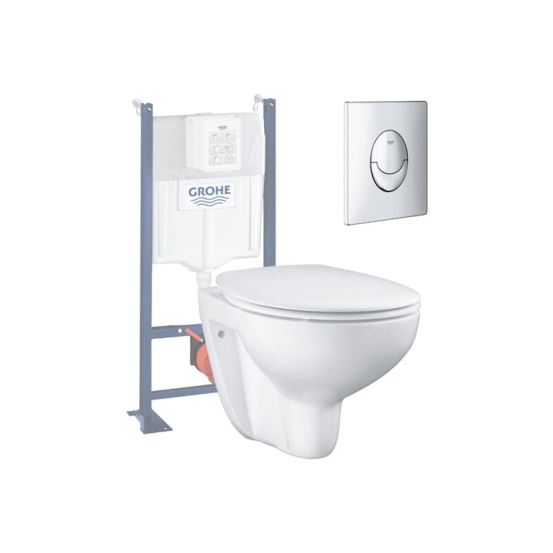 Grohe - Pack inodoro suspendido Bau Ceramic sin montura + asiento + placa cromada + estructura