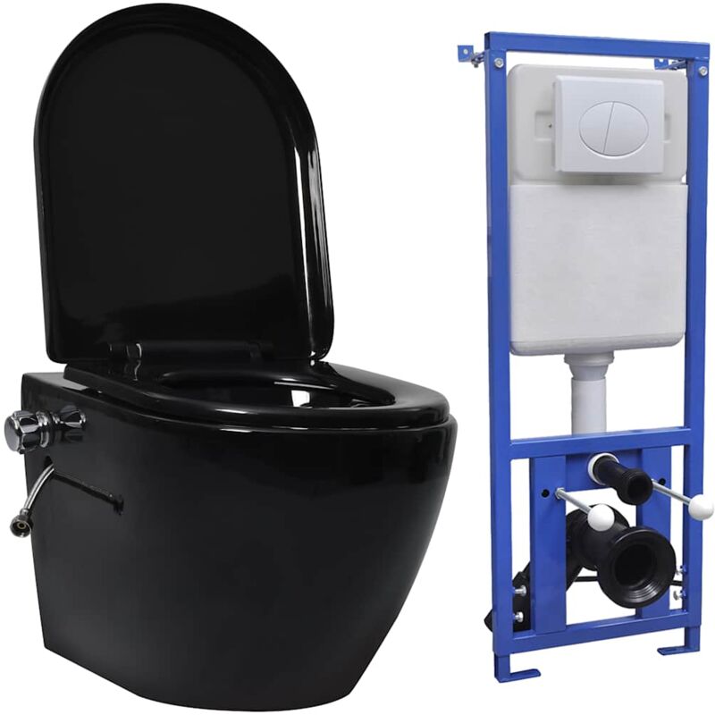 

Inodoro WC de pared sin bordes cisterna oculta cerámica negro - Negro - Vidaxl