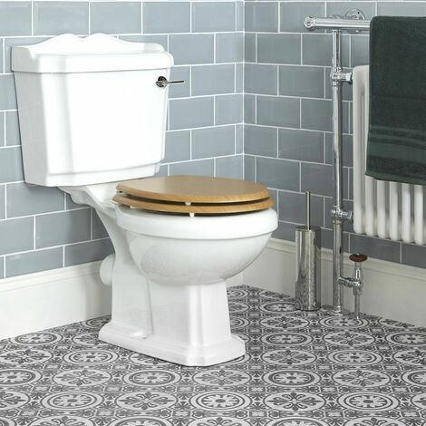 Inodoro WC Tradicional con Cisterna y Tapa de Madera Estilo Retro con Salida Horizontal
