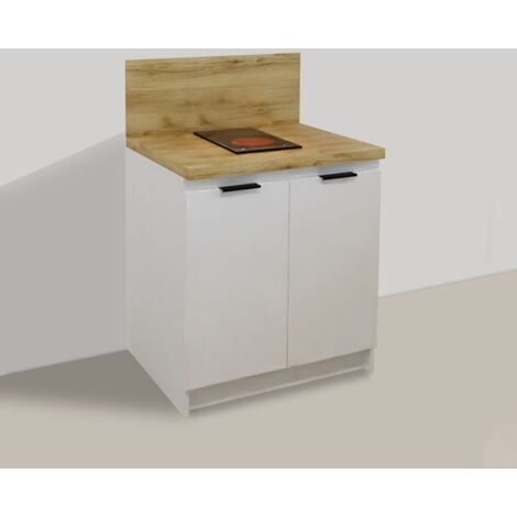 Inoval – Cuisine kitchenette blanche 80cm – Plaque vitrocéramique 2 foyers – Puissance 3000W – Meuble bas avec crédence chêne Delano