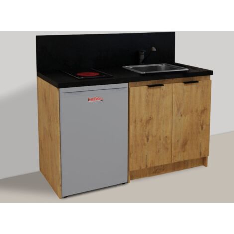 Inoval – Kitchenette chêne golden 140cm – Meuble bas mélaminé 16mm – Plaque vitrocéramique 3000W – Réfrigérateur table top 106L avec congélateur
