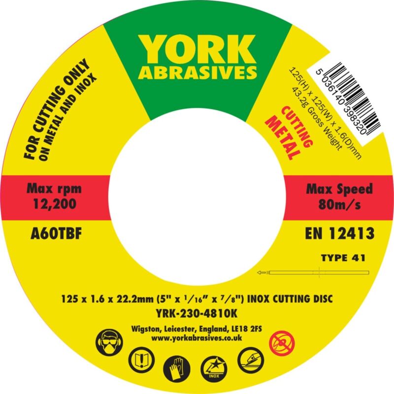 York 125 X 1.6 X 22MM A60 T-BF Inox Thin Reinforced Cutting Discs - T- you get 5