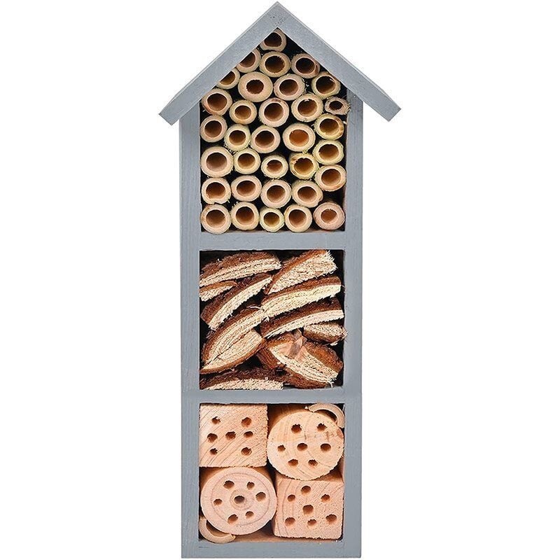 Insect House Bug Hotel Natural Wood Garden Shelter Grey Nesting Home For Bees Ladybirds Butterflies & More Eco Friendly Outdoor Wall Mounted