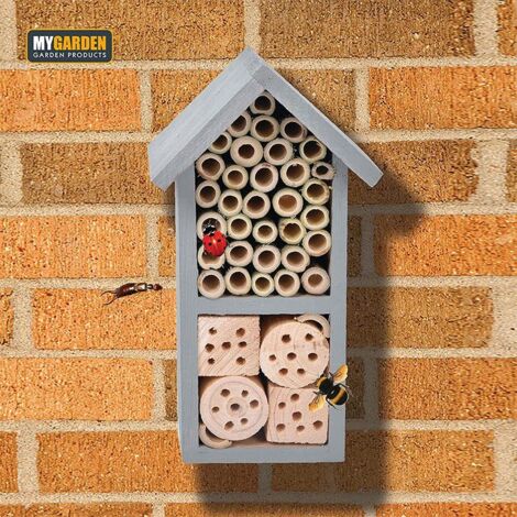 Insect House Bug Hotel Natural Wood Garden Shelter Grey Nesting Home For Bees Ladybirds Butterflies & More Eco Friendly Outdoor Wall Mounted