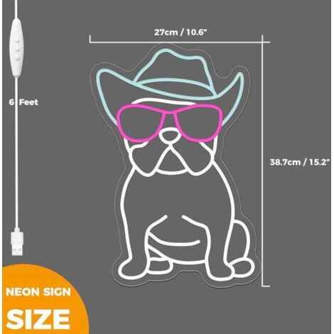 Insegna al neon con bulldog, cowboy bulldog francese con occhiali, insegna al neon a LED per decorazione murale