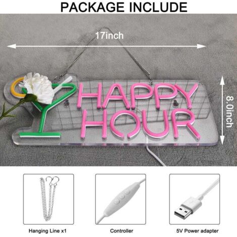 Insegna al neon Happy Hour per cocktail, per decorazioni murali, birrerie, hotel, feste, club, insegne al neon a LED dimmerabili