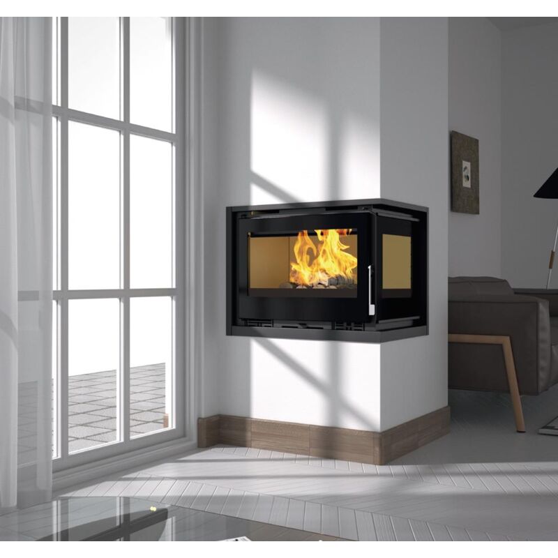 Fm Biomasa - Insert à bois d'angle - firematic Lora-D 12.6 kW Foyer en vermiculite - Porte fonte - avec vitre sérigraphiée