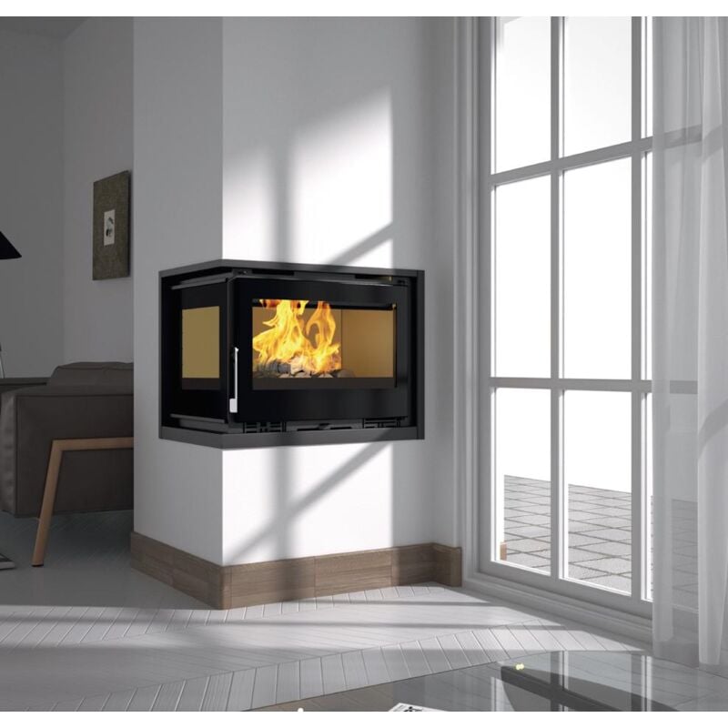 Fm Biomasa - Insert à bois d'angle - firematic Lora-I 12.6 kW Foyer en vermiculite - Porte fonte - sans vitre sérigraphiée