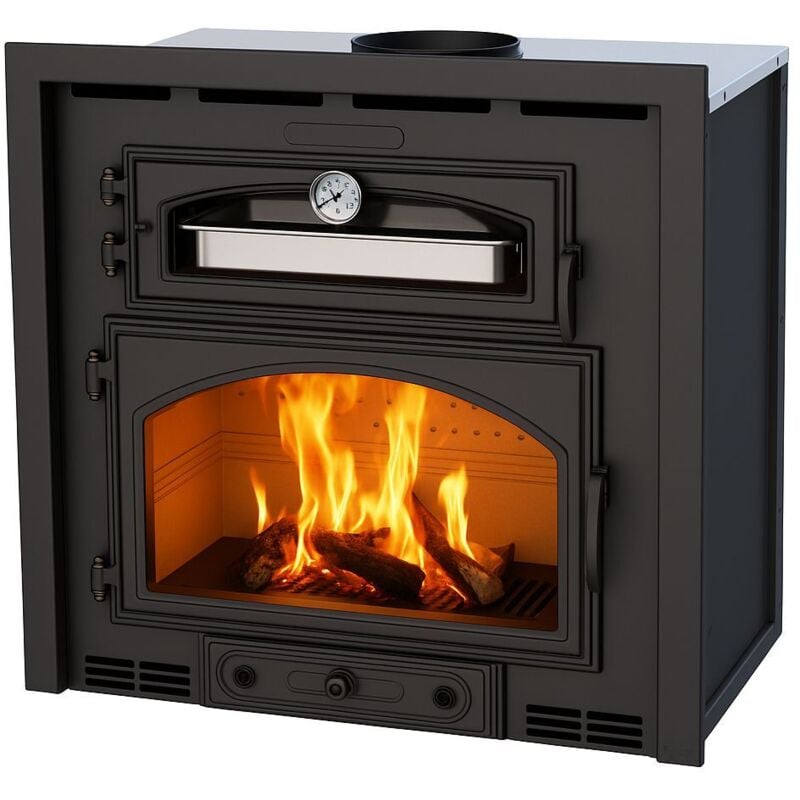 Insert à bois avec four ventilé canalisable - BRONPI Everest 14 kW Porte fonte - sans vitre sérigraphiée noire