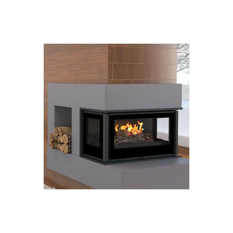 Azura Home Design - Insert cheminée à bois Holguin avec turbine 16 kW 3 côtés vitrées + 2 bouches recuperateur - sans